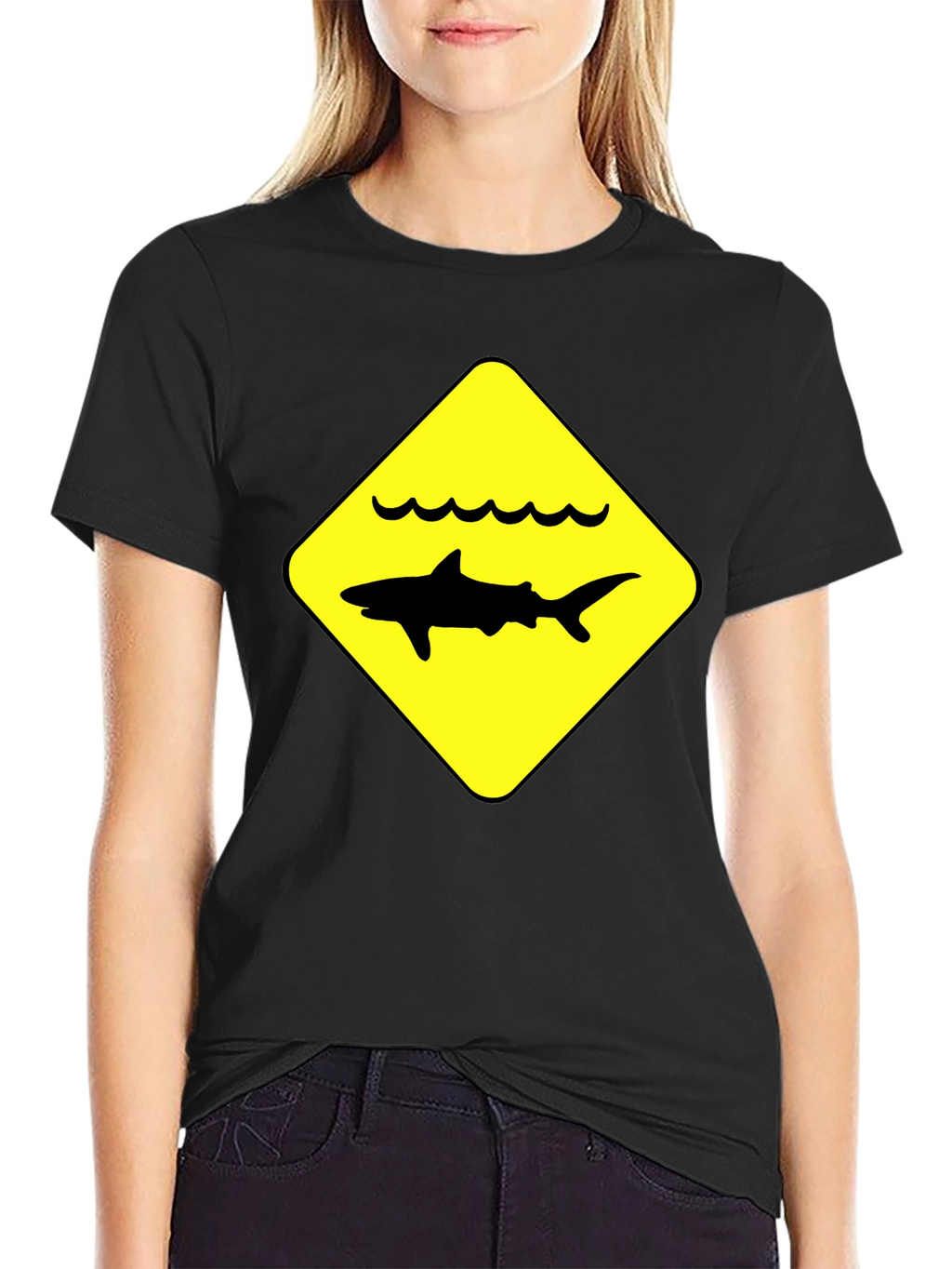 Shark Warning Sign Black T-Shirt