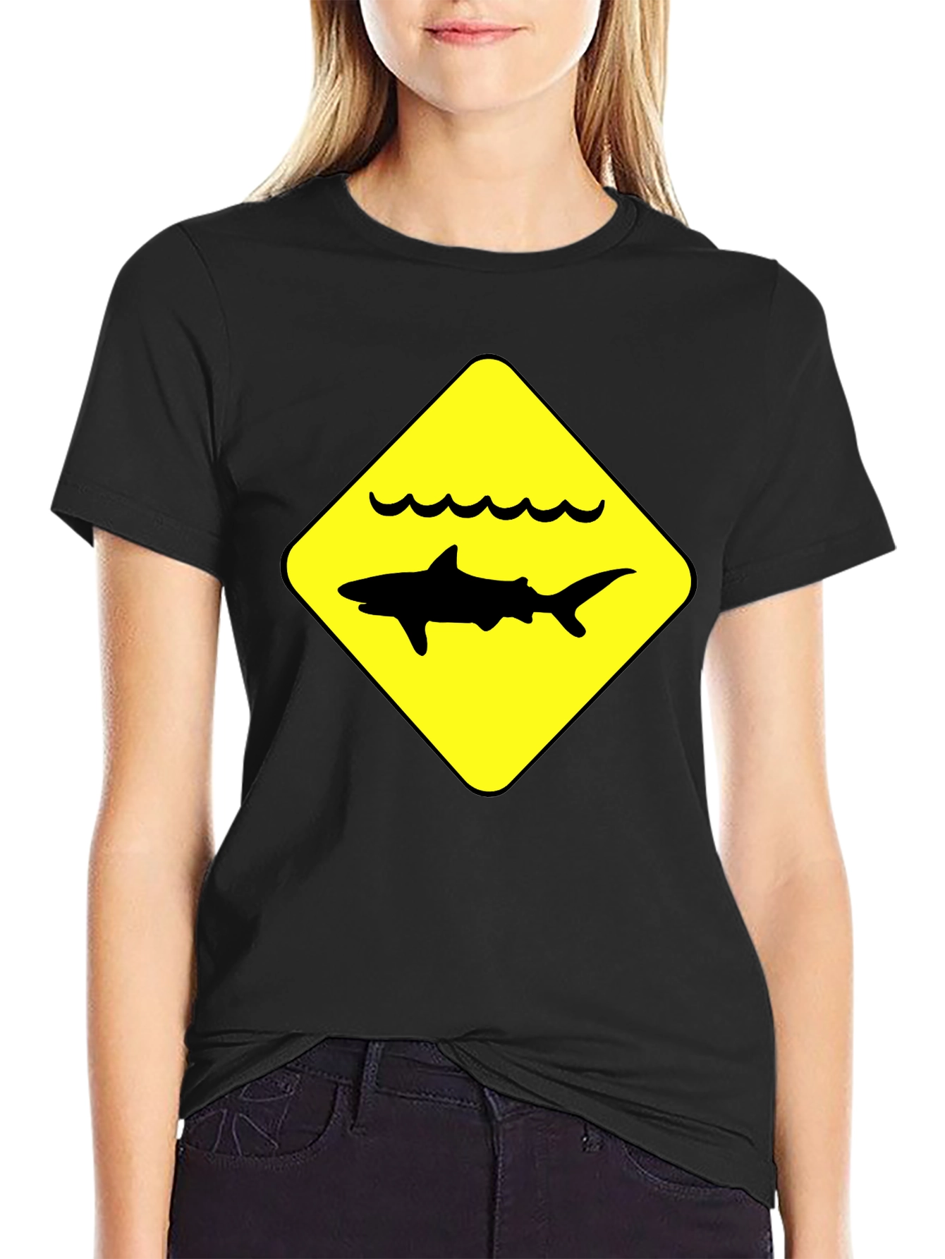 Shark Warning Sign Black T-Shirt