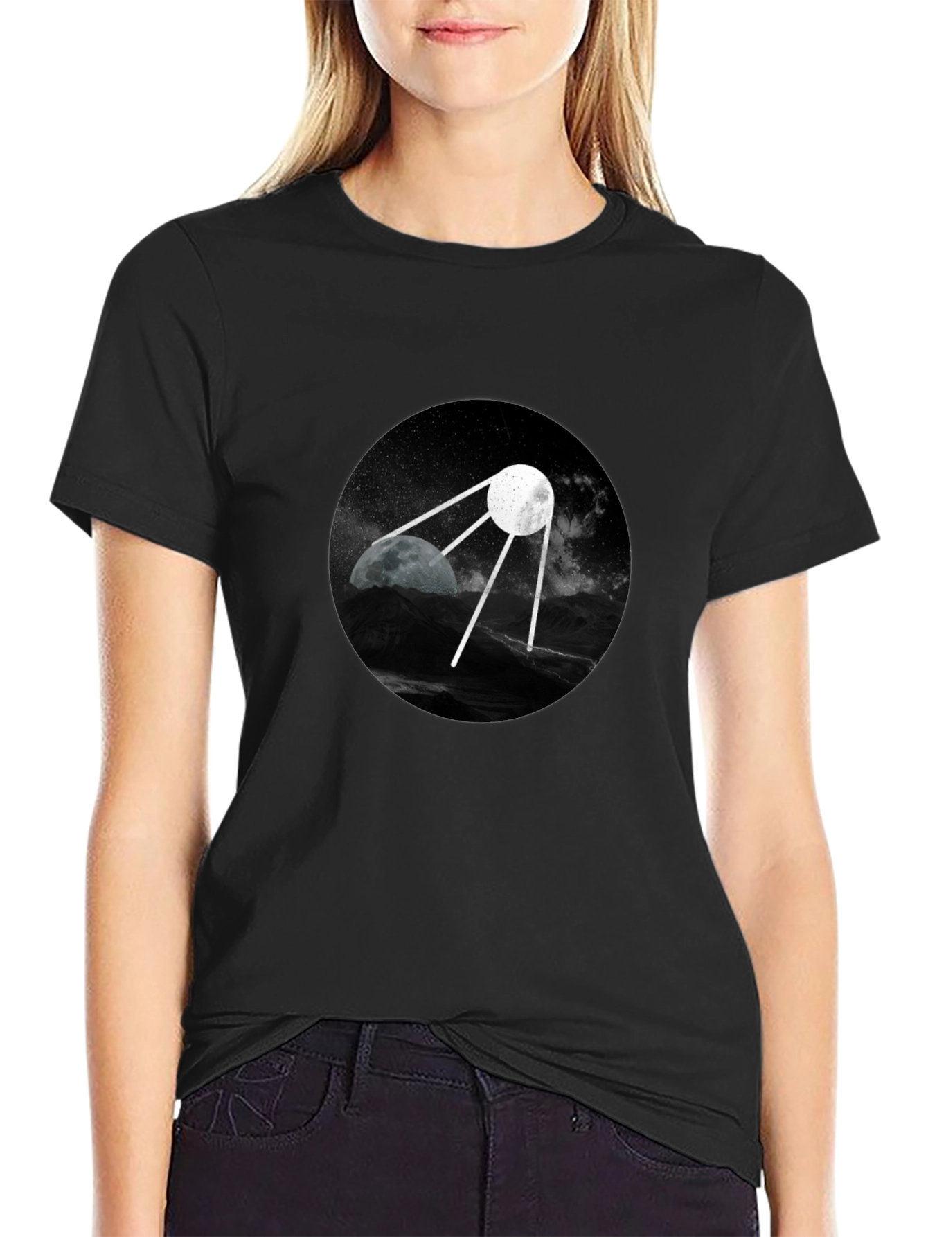 Space Satellite Graphic Black T-Shirt