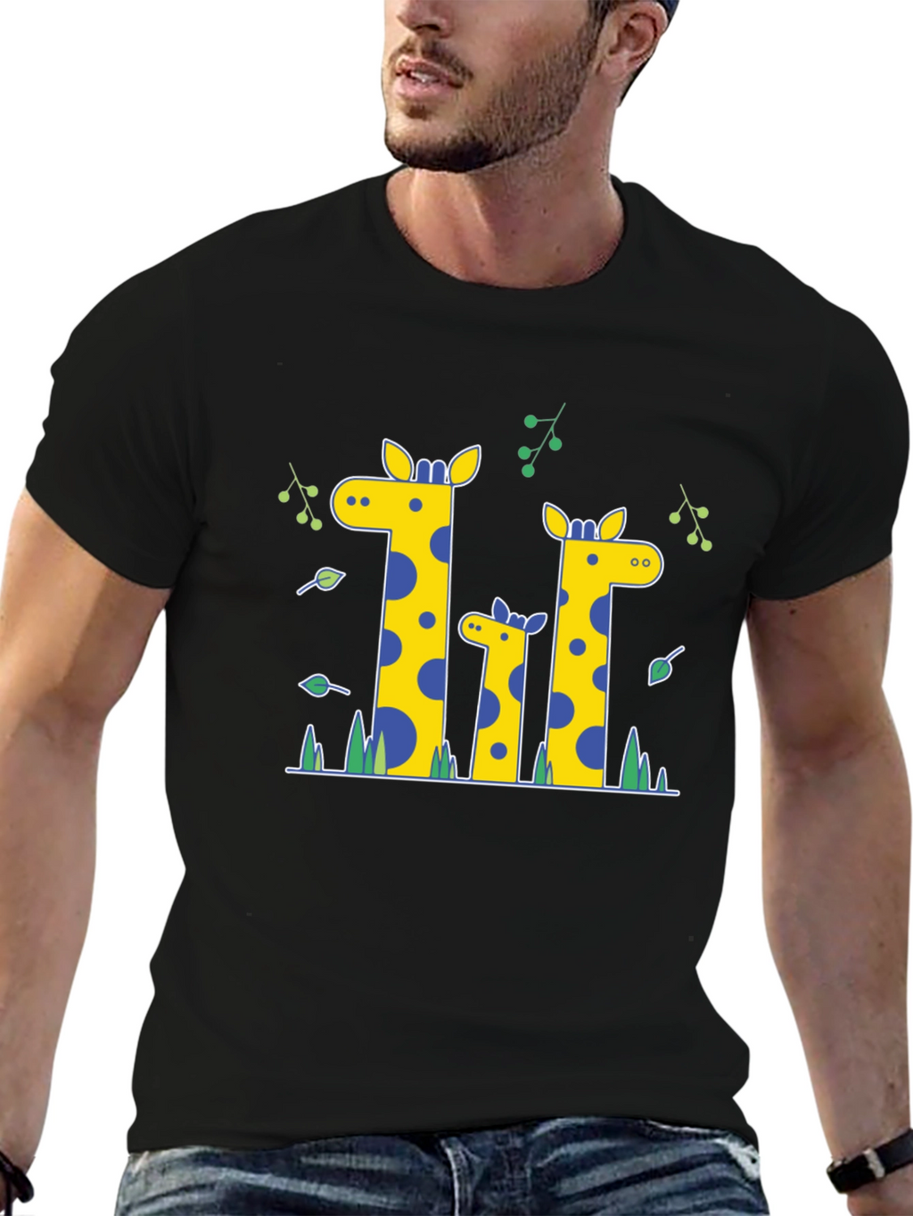 Giraffe Family Print Black T-Shirt