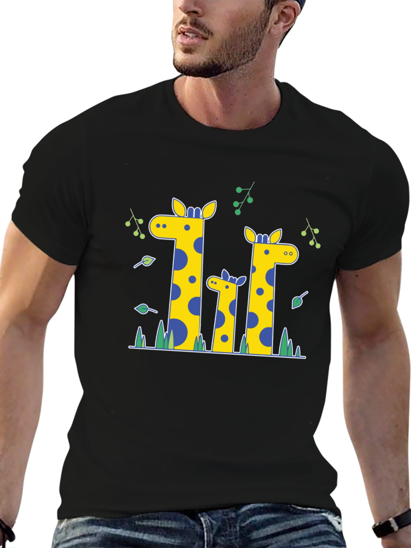 Giraffe Family Print Black T-Shirt