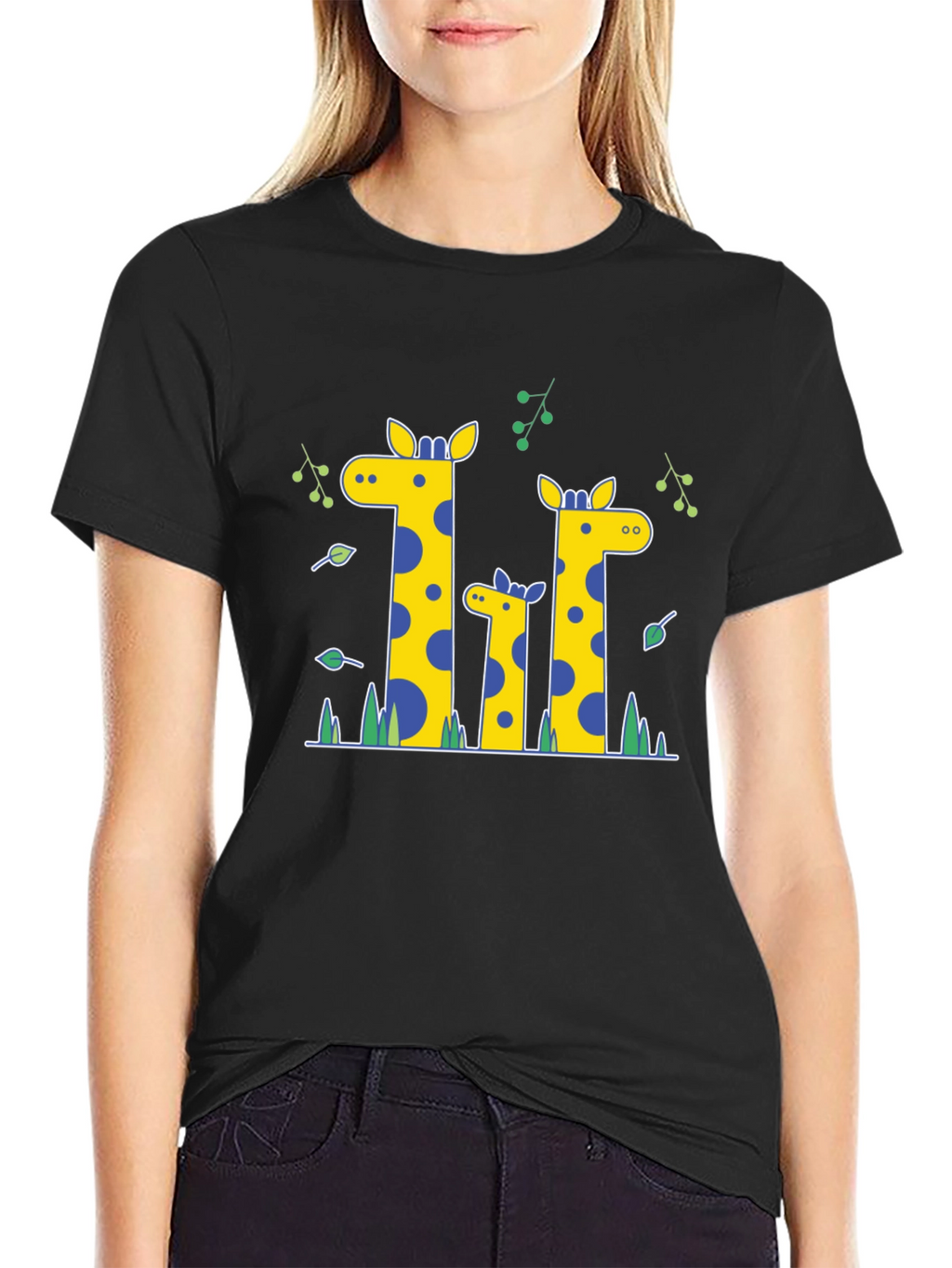 Giraffe Family Print Black T-Shirt