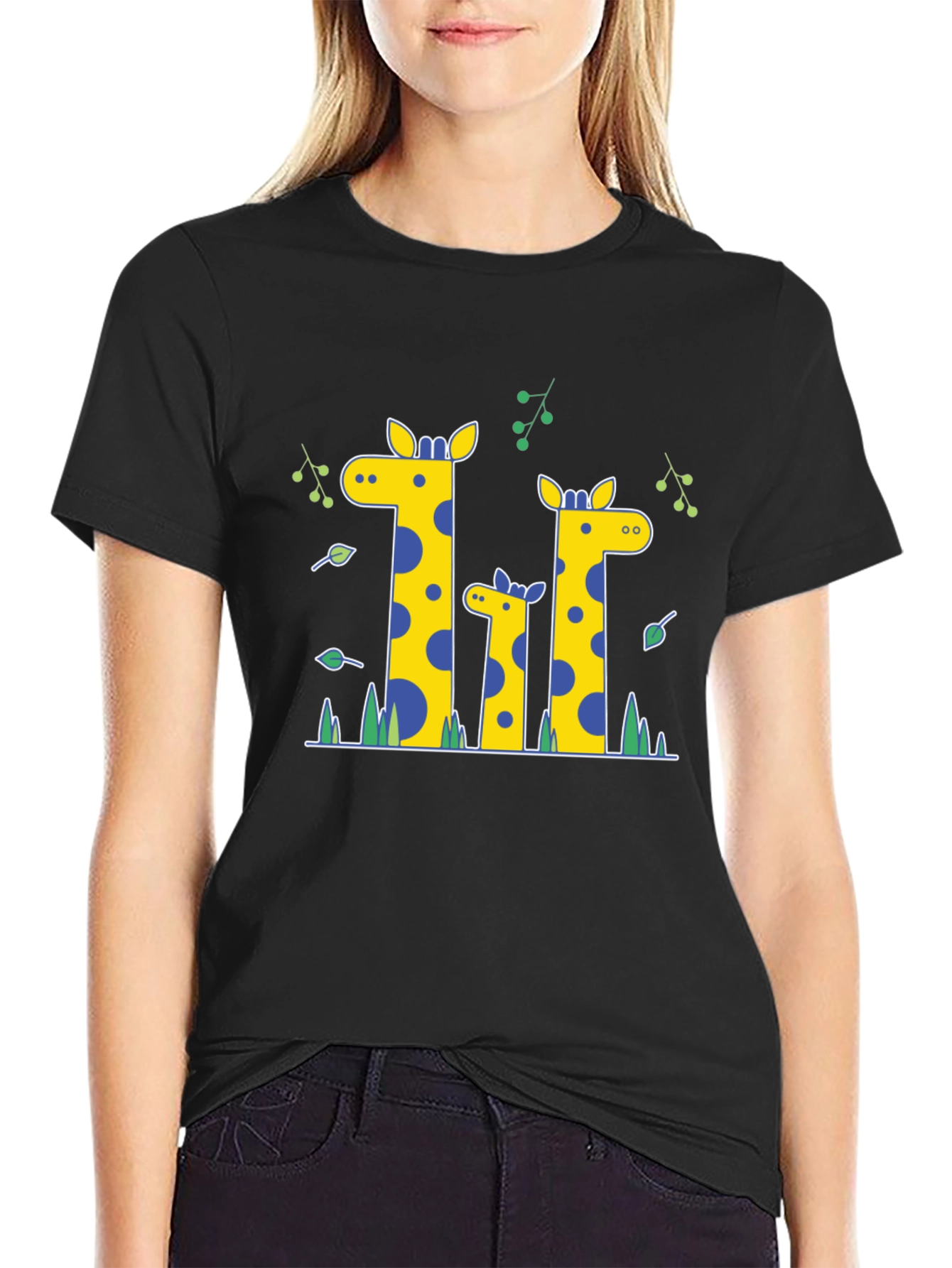 Giraffe Family Print Black T-Shirt