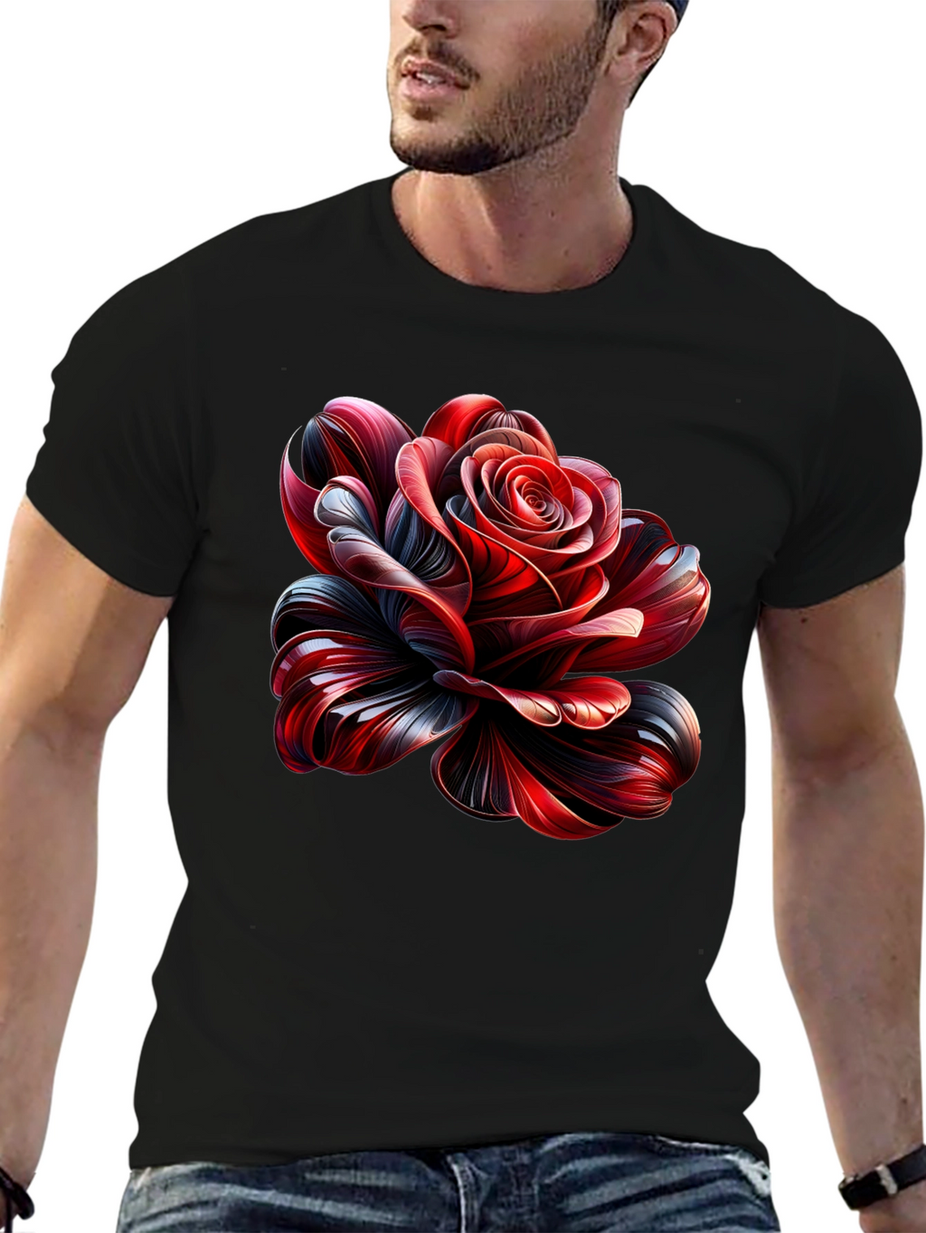 Elegant Rose Graphic Black T-Shirt