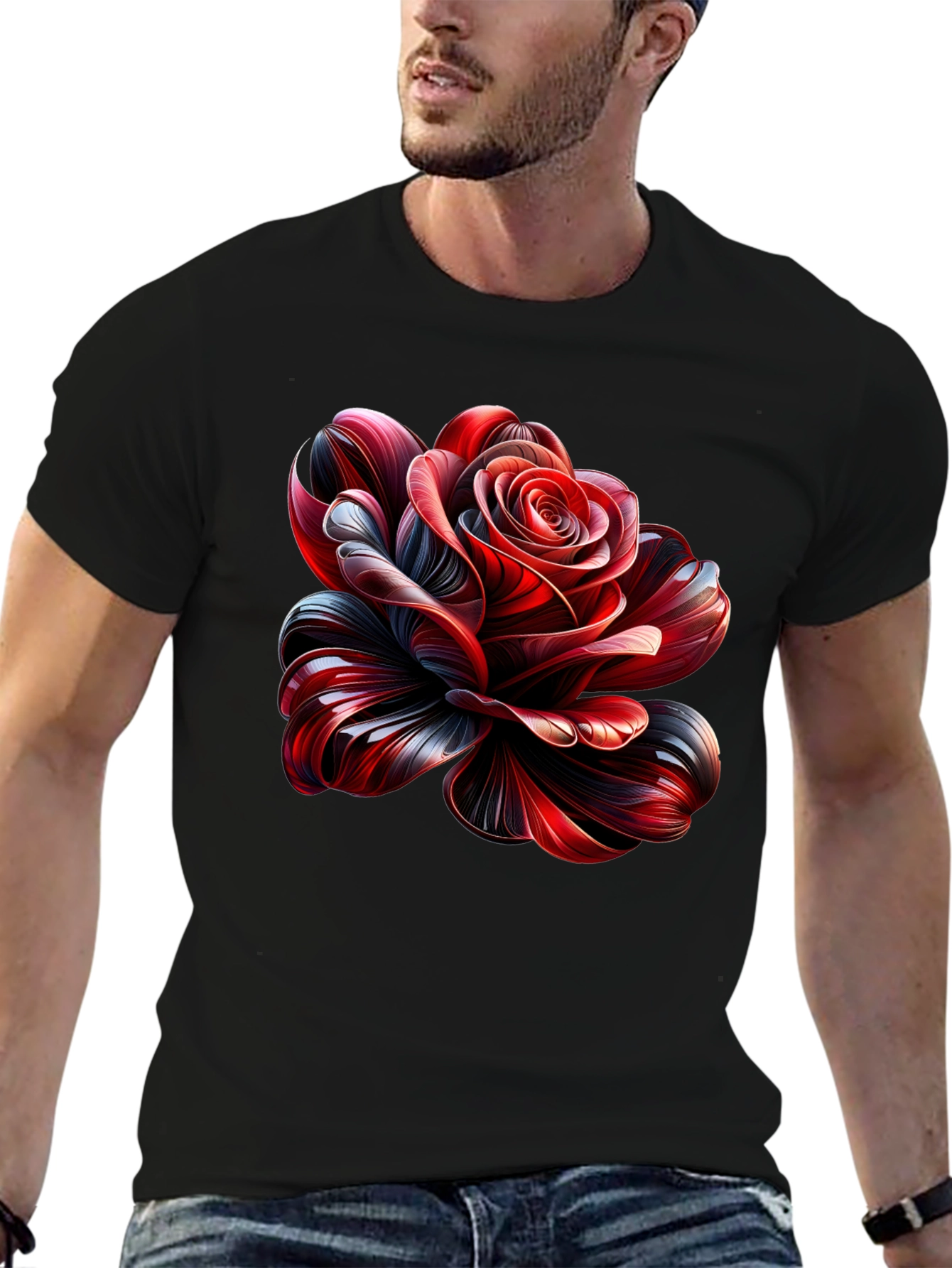 Elegant Rose Graphic Black T-Shirt