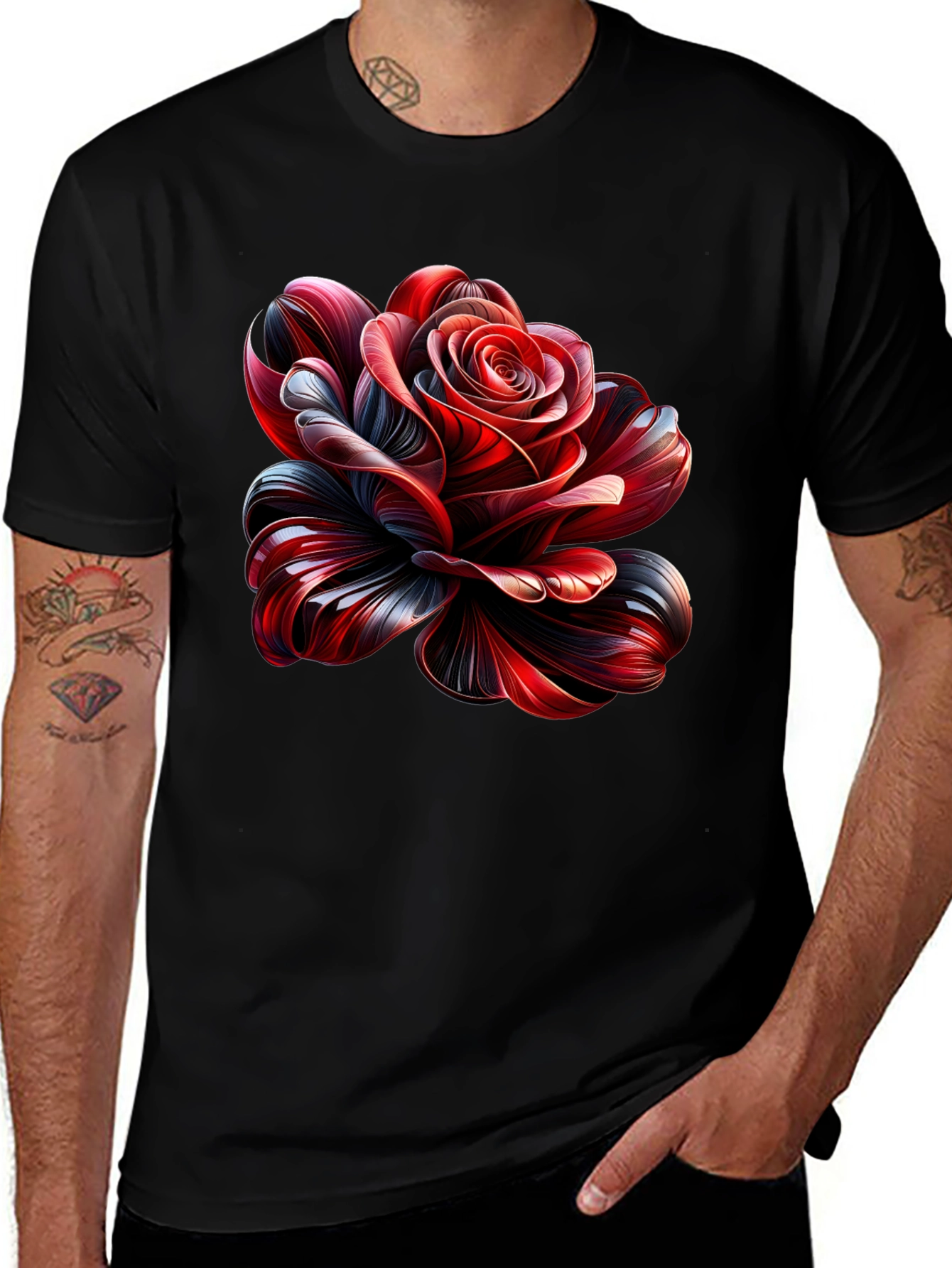 Elegant Rose Graphic Black T-Shirt