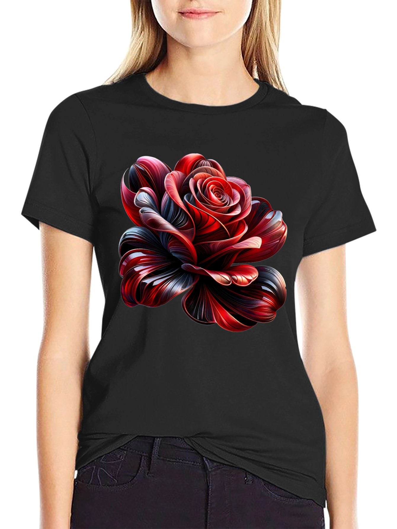 Elegant Rose Graphic Black T-Shirt