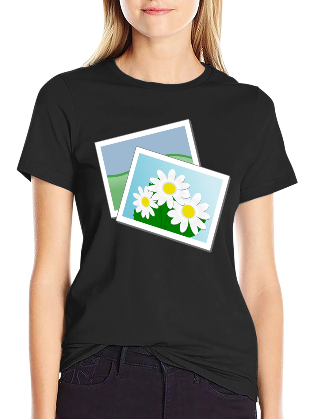 Black T-Shirt with Floral Photo Design