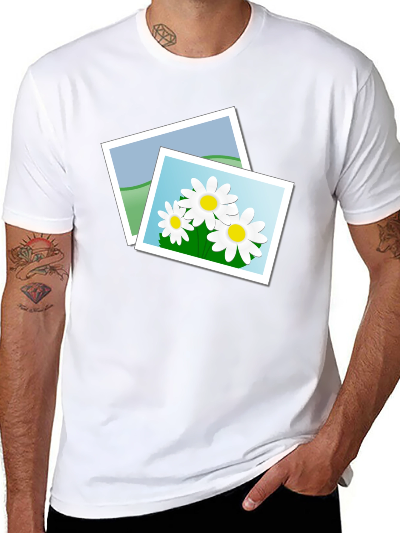 Black T-Shirt with Floral Photo Design