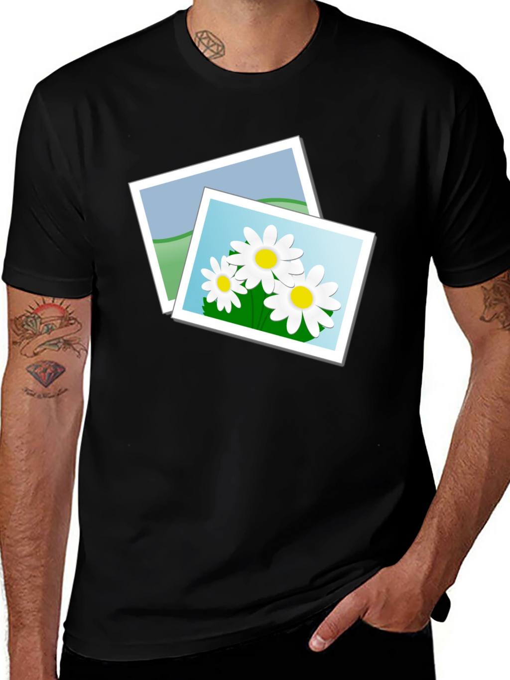 Black T-Shirt with Floral Photo Design