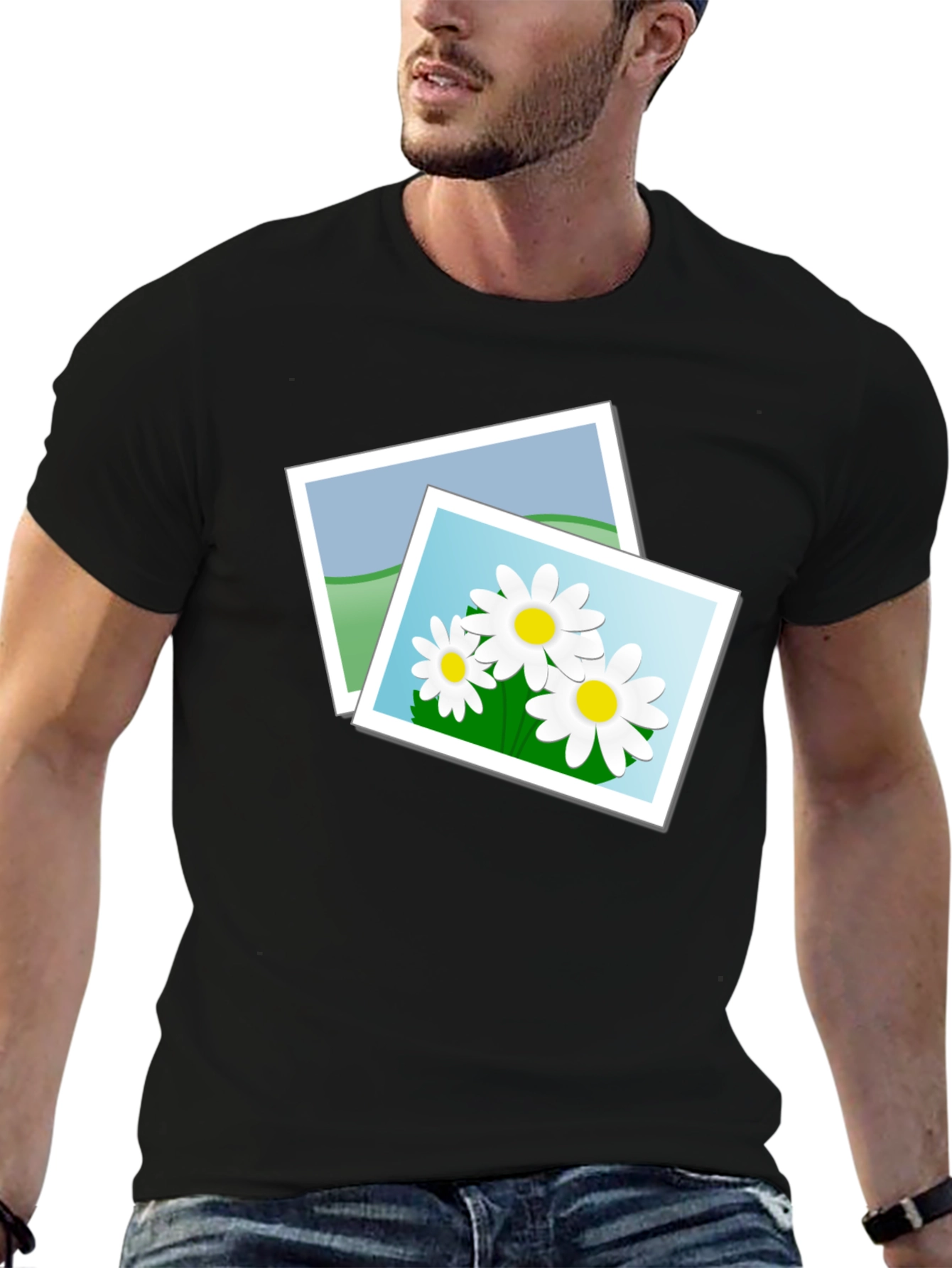 Black T-Shirt with Floral Photo Design