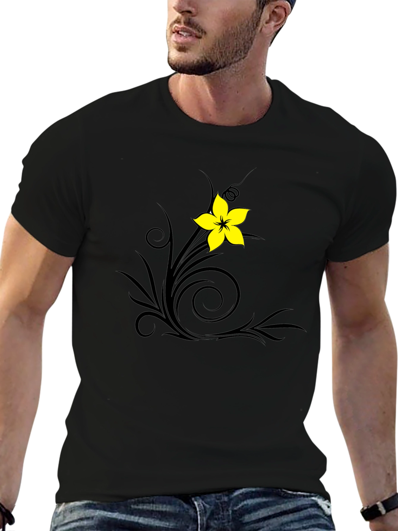Black T-Shirt with Floral Swirl Design
