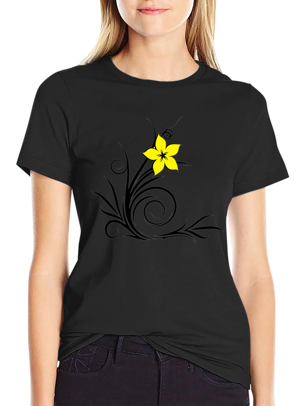 Black T-Shirt with Floral Swirl Design