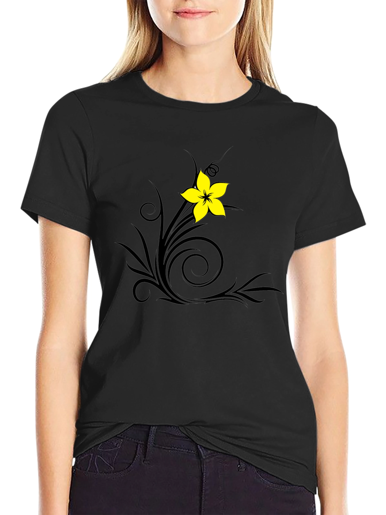 Black T-Shirt with Floral Swirl Design