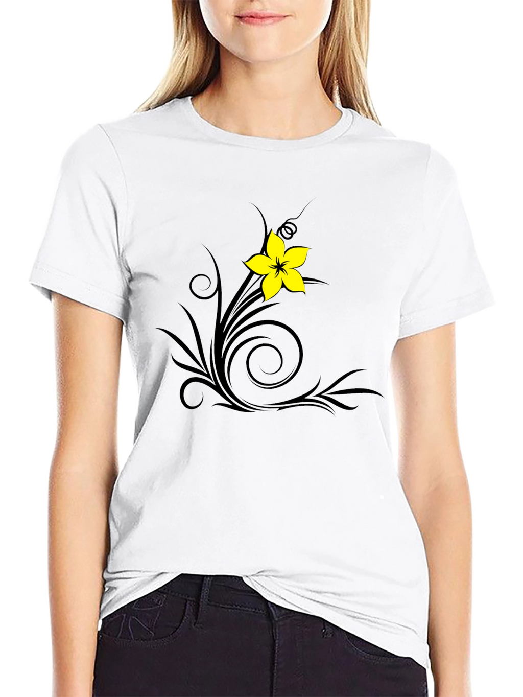 Black T-Shirt with Floral Swirl Design