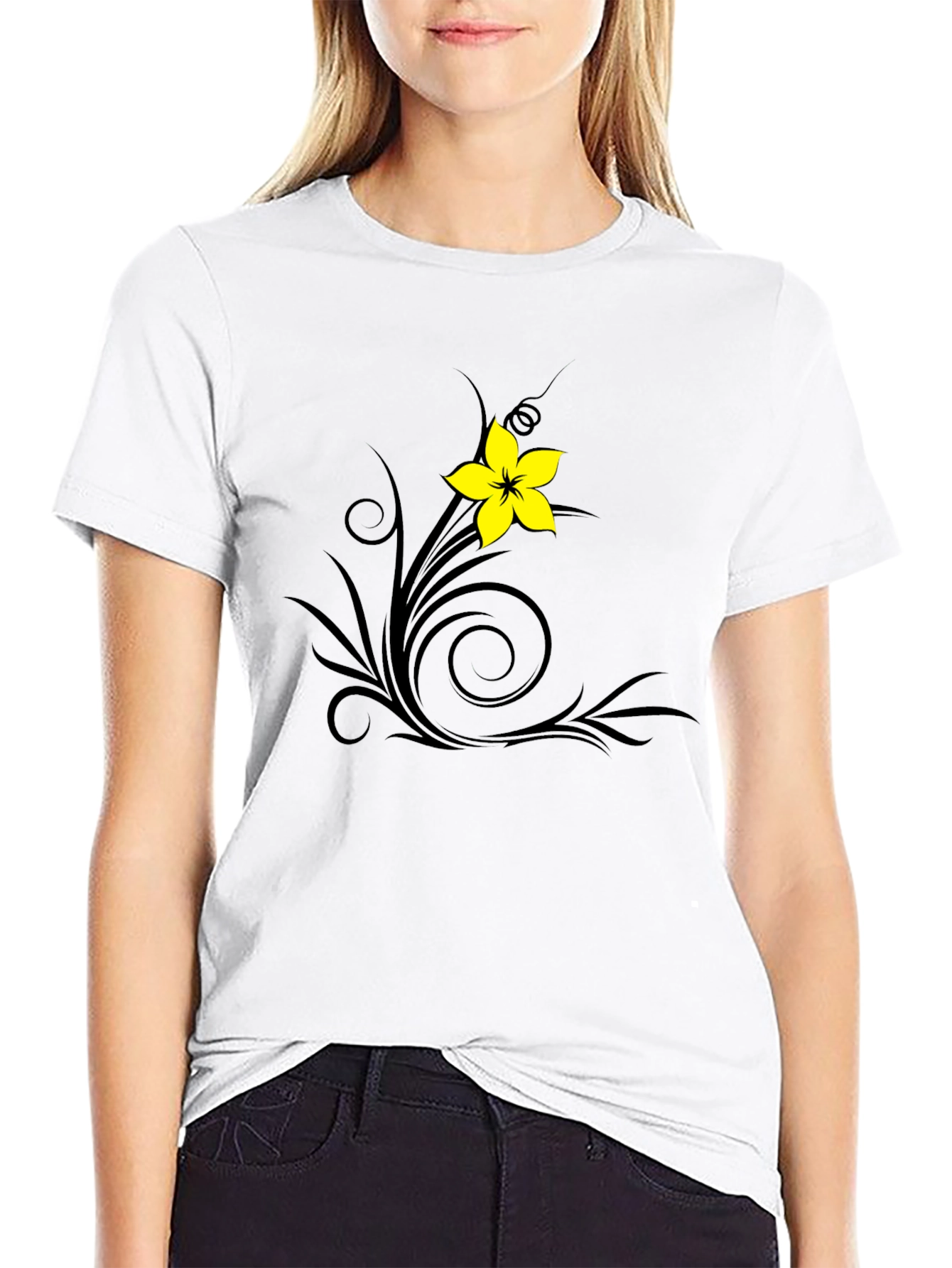 Black T-Shirt with Floral Swirl Design