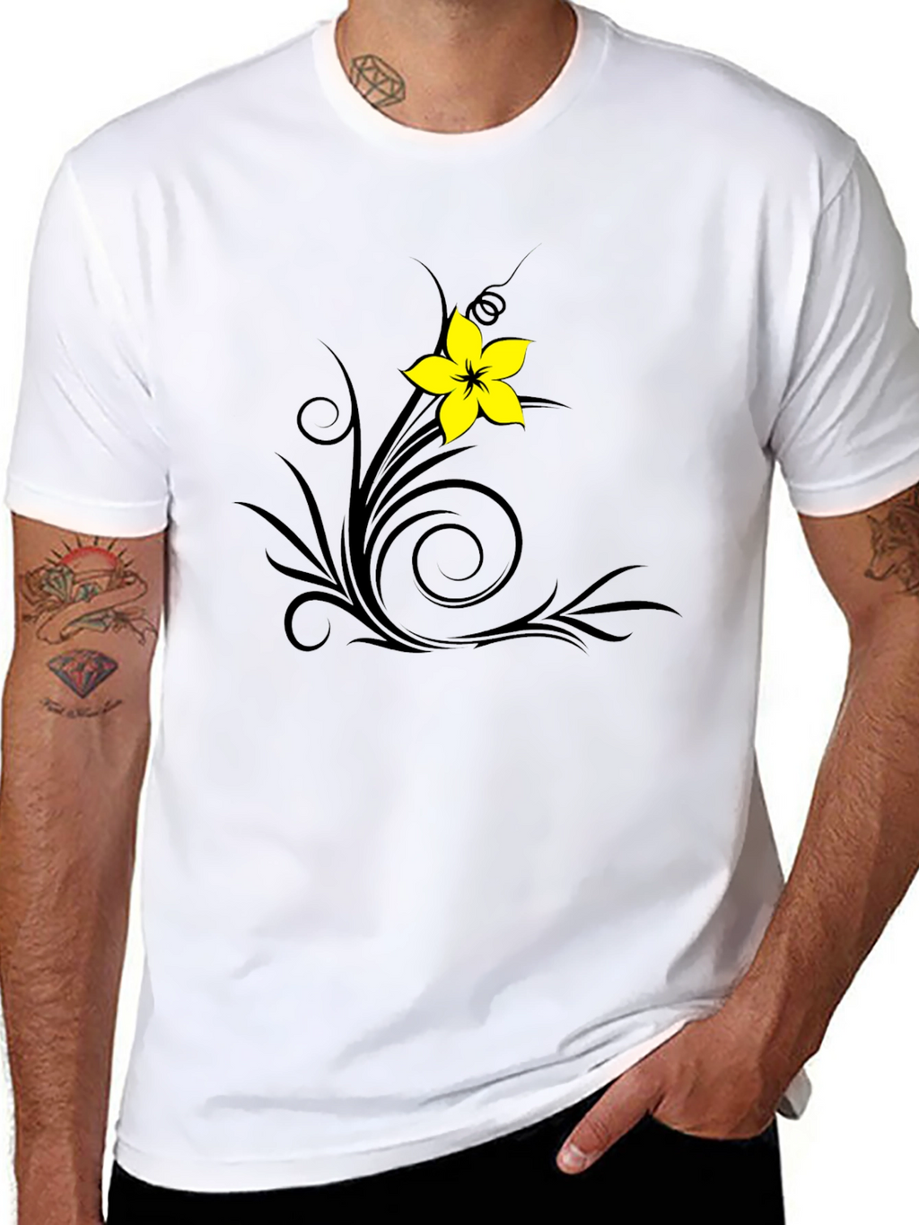 Black T-Shirt with Floral Swirl Design