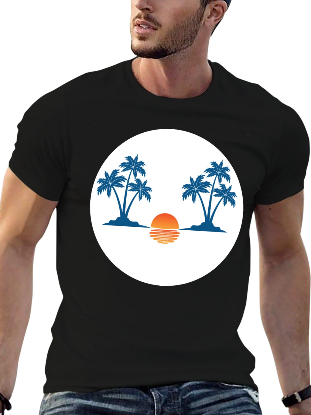 Sunset Palm Tree Graphic Tee - Black