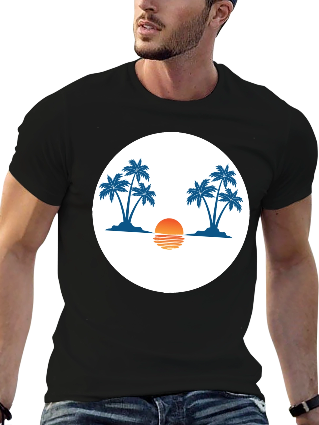 Sunset Palm Tree Graphic Tee - Black