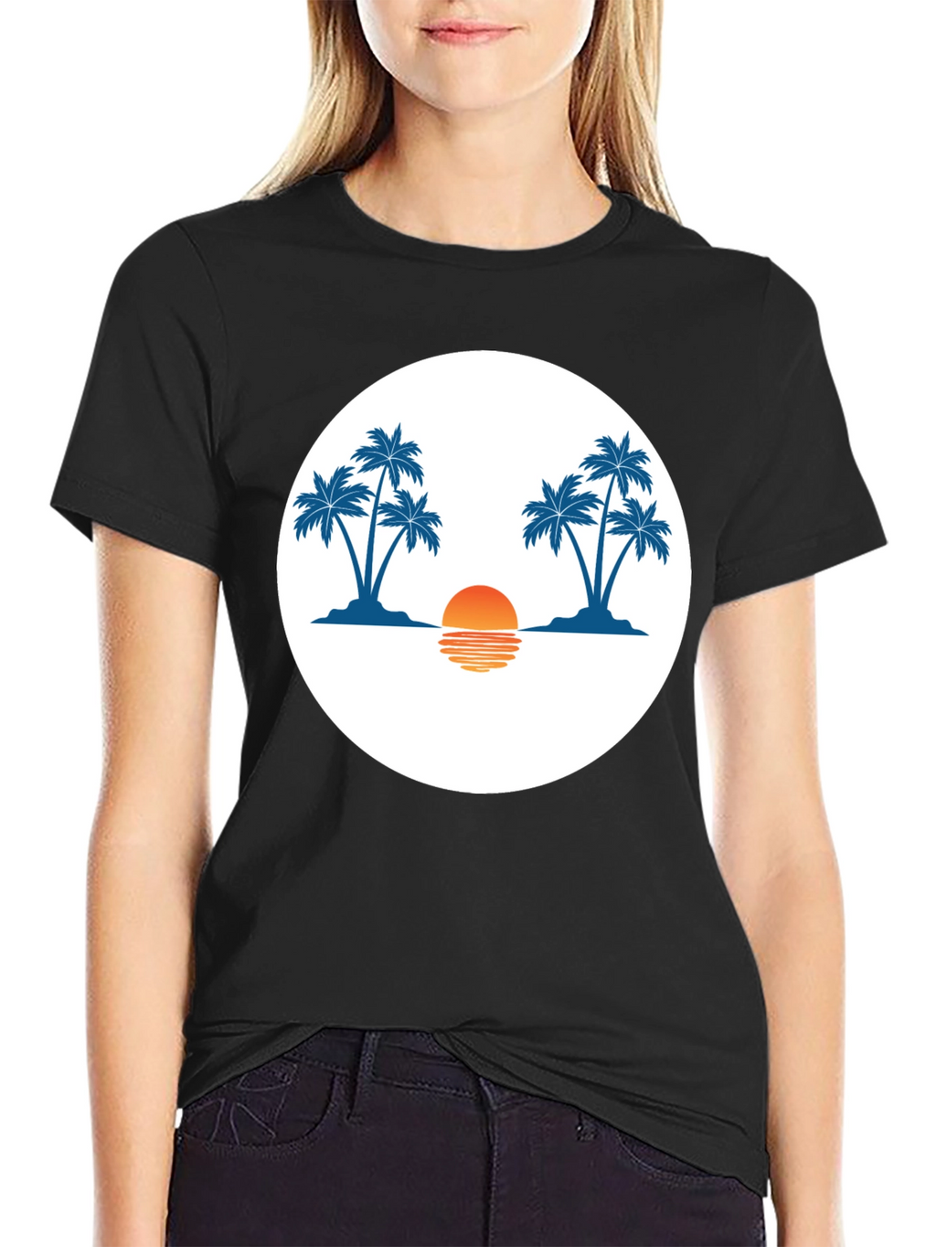 Sunset Palm Tree Graphic Tee - Black