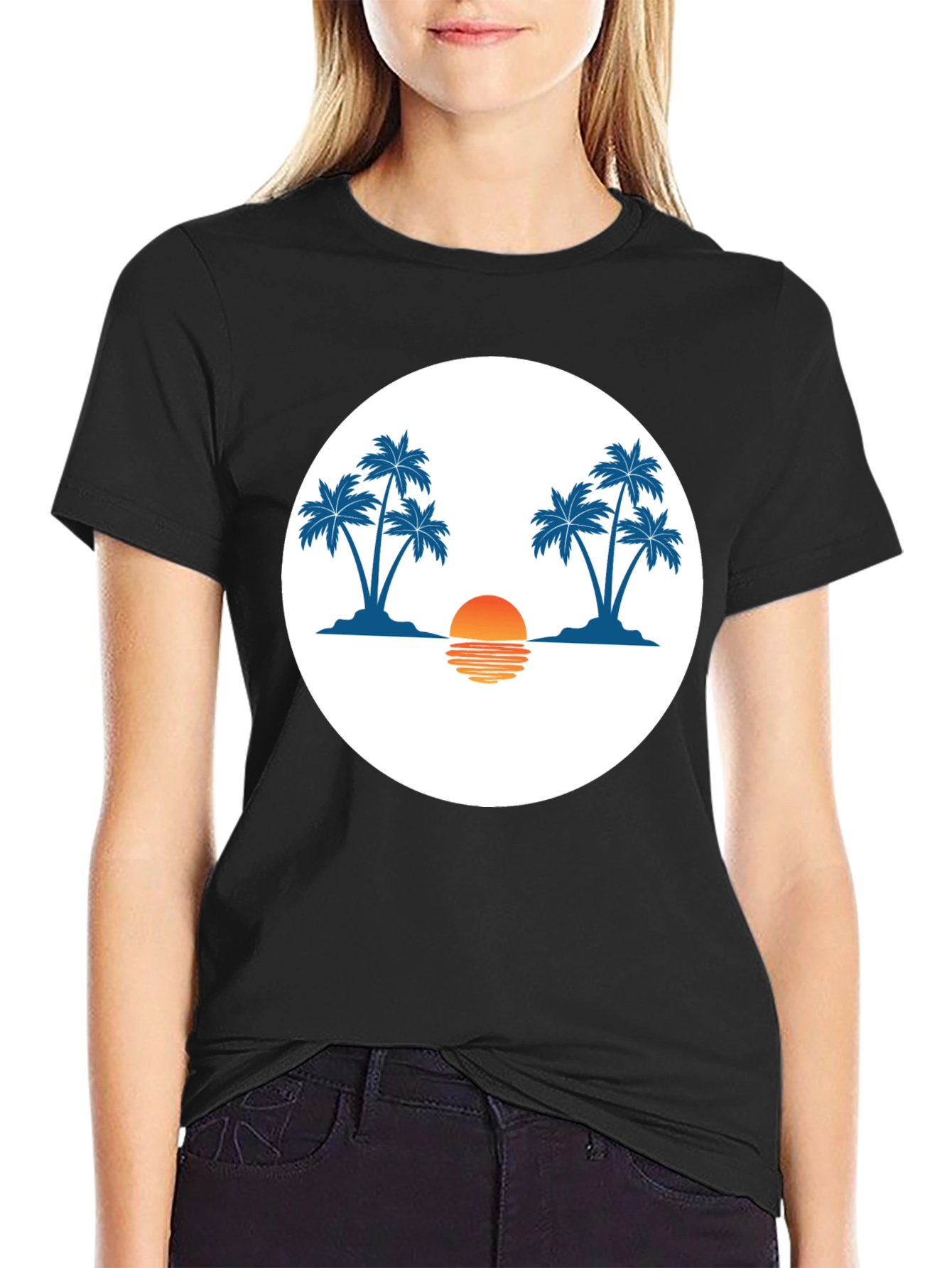 Sunset Palm Tree Graphic Tee - Black