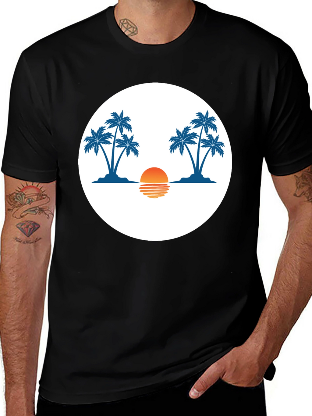 Sunset Palm Tree Graphic Tee - Black