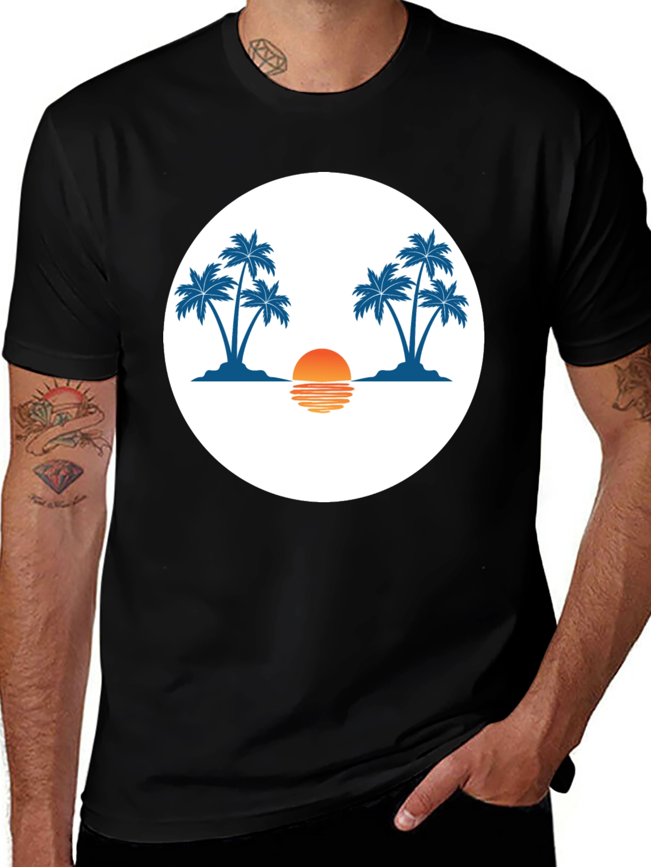 Sunset Palm Tree Graphic Tee - Black