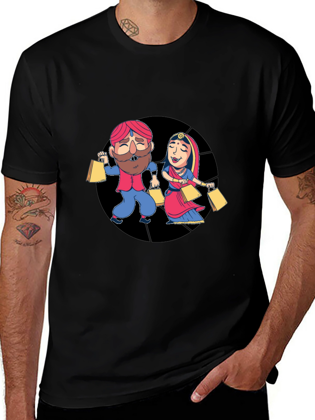 Festive Indian Couple Shopping Graphic T-Shirt