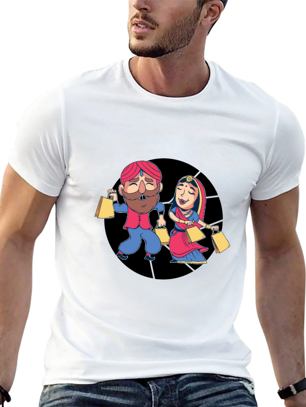 Festive Indian Couple Shopping Graphic T-Shirt