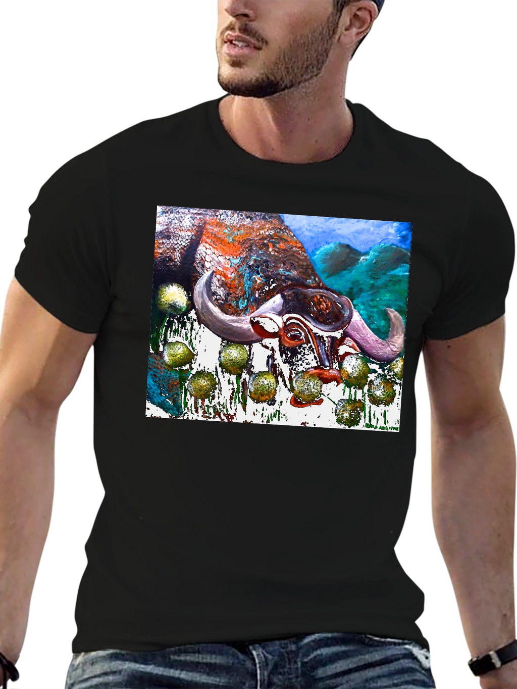 Bull Painting Graphic Print Black Tee