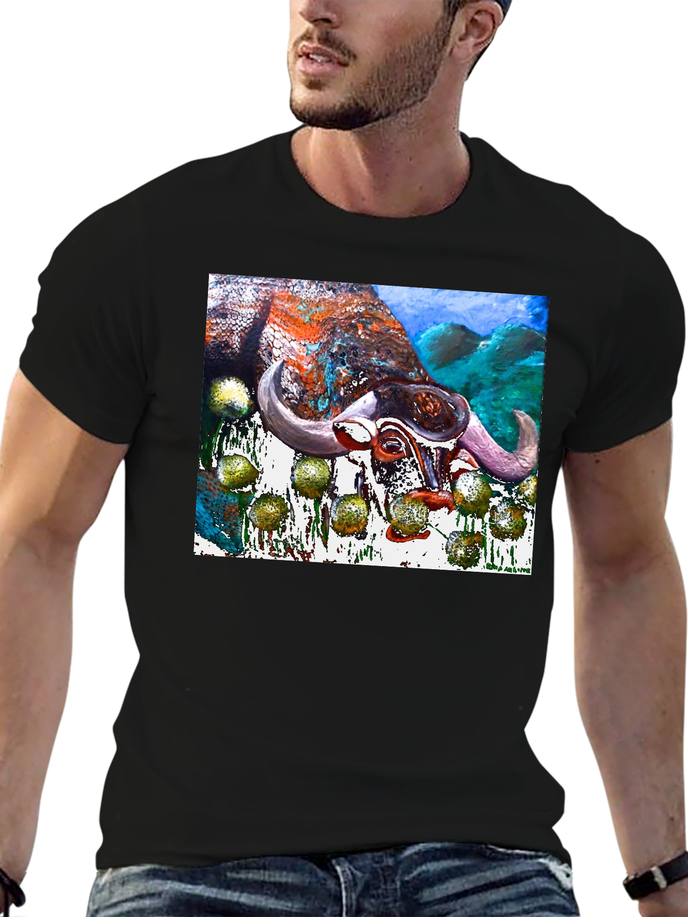 Bull Painting Graphic Print Black Tee