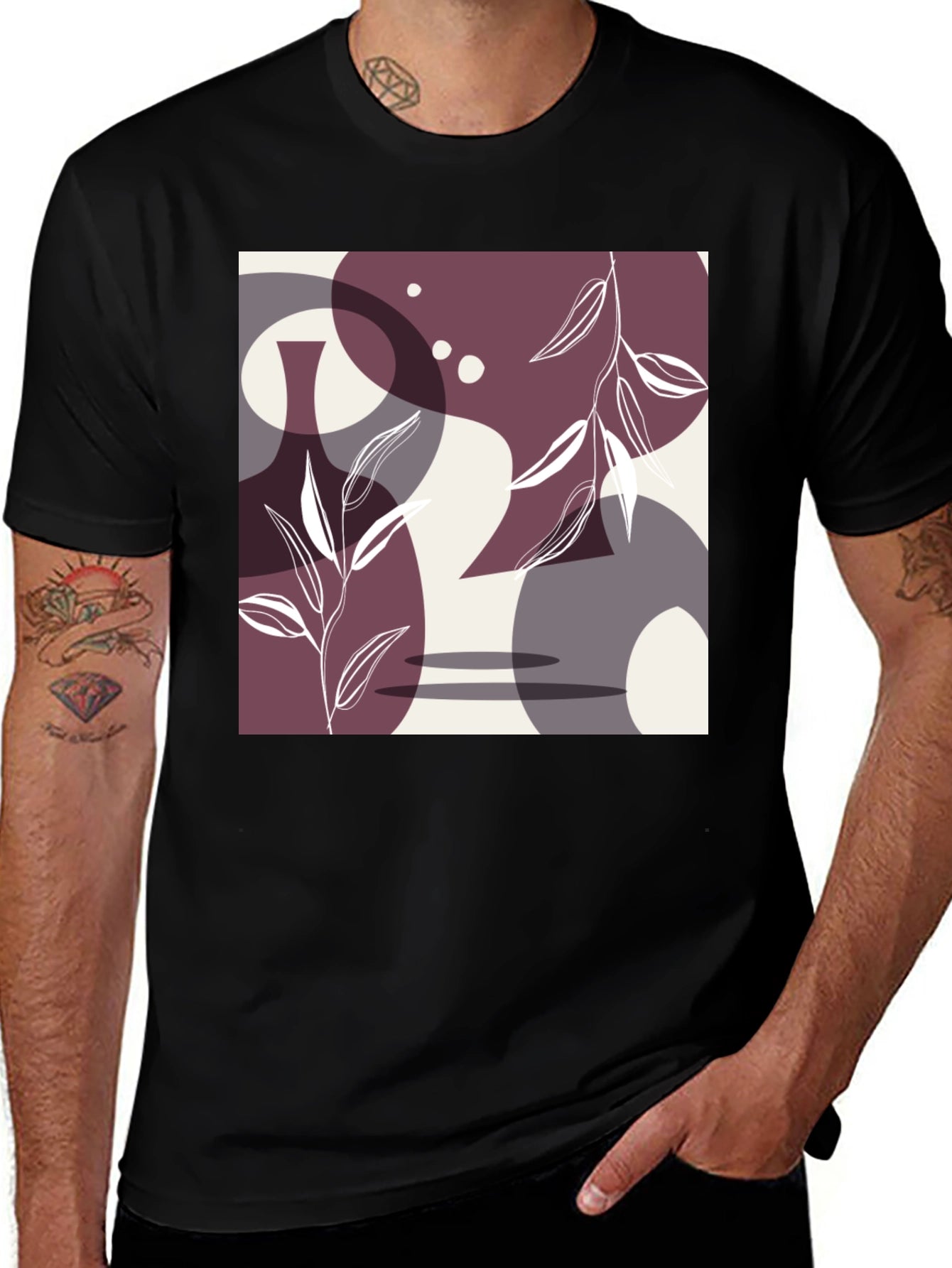 Modern Art Graphic Tee - Abstract Shapes & Botanical Print