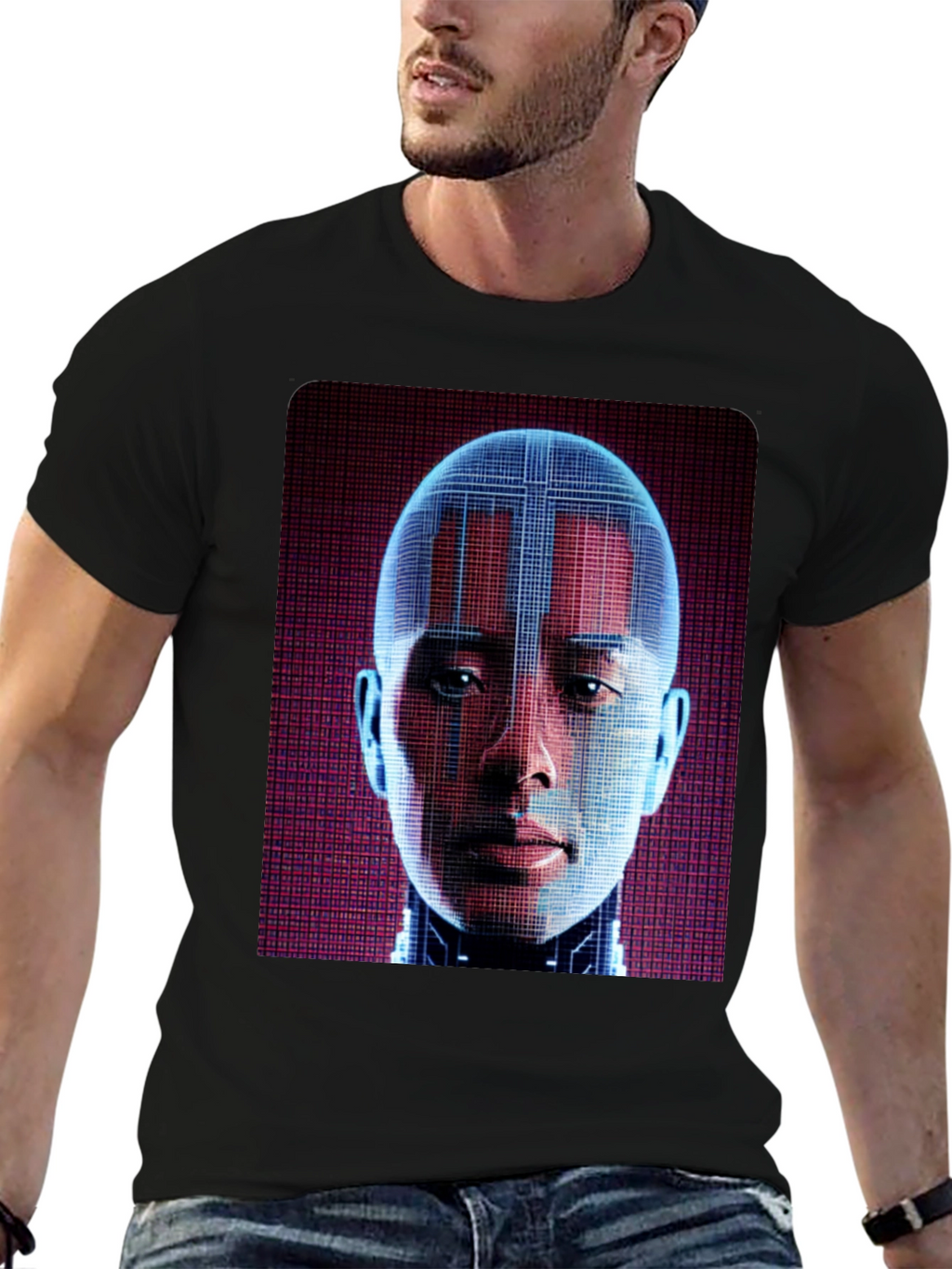 Cyberpunk AI Face Graphic T-Shirt - Futuristic Style
