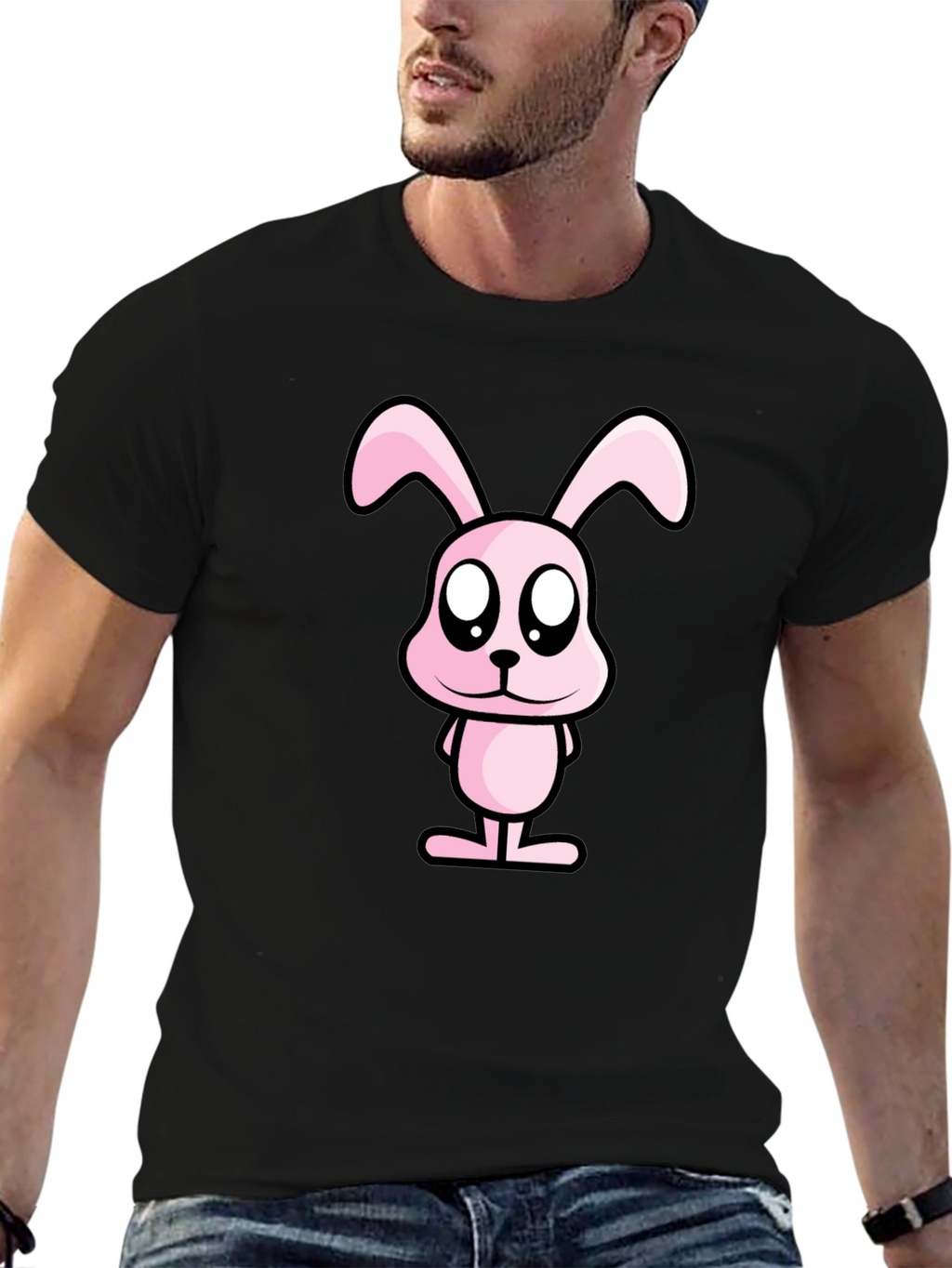Pink Bunny Graphic Tee - Black Cotton Casual Shirt