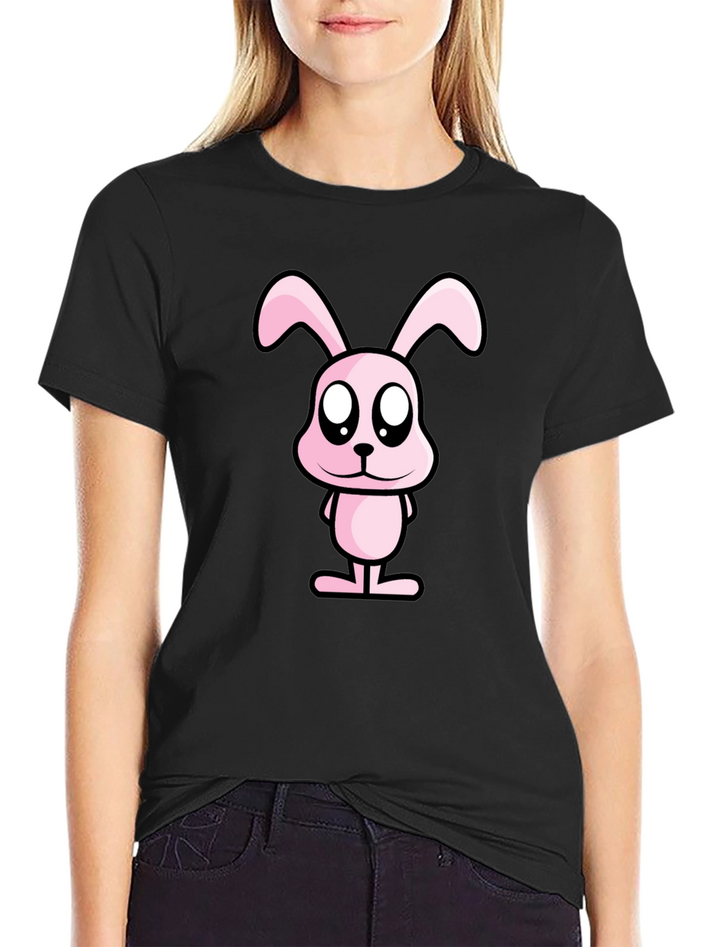 Pink Bunny Graphic Tee - Black Cotton Casual Shirt