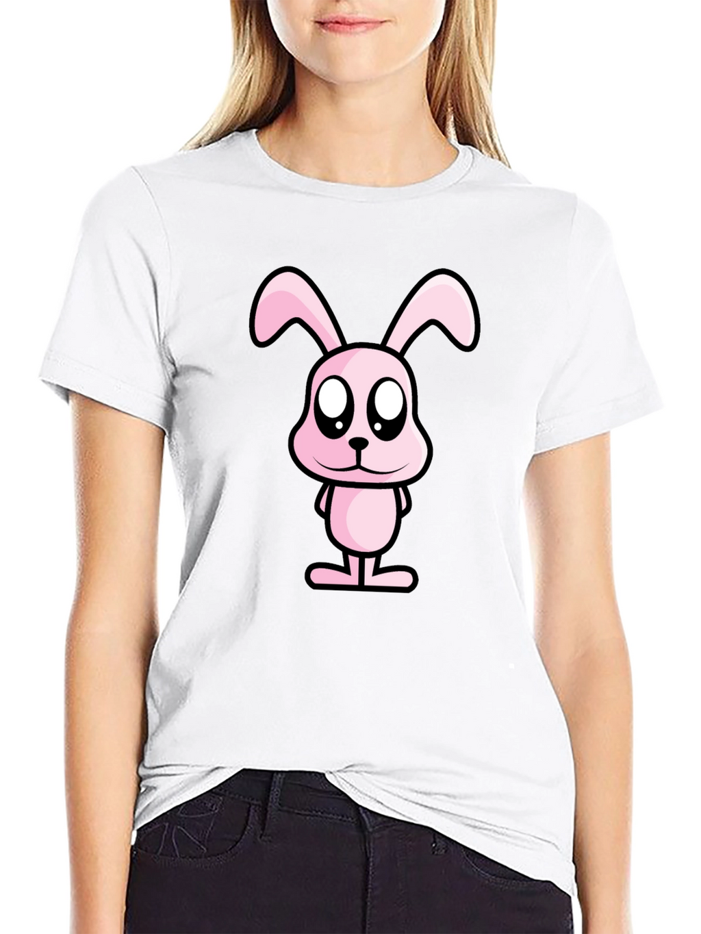 Pink Bunny Graphic Tee - Black Cotton Casual Shirt
