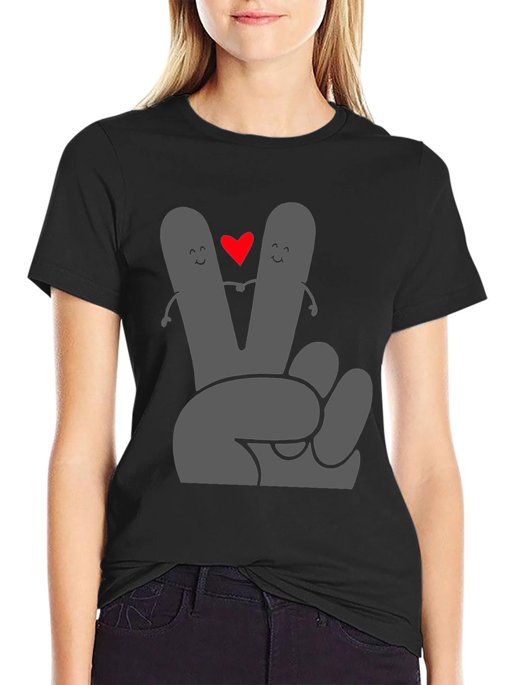 Peace Love Tee: Grey Heart Hand Graphic Black T-Shirt