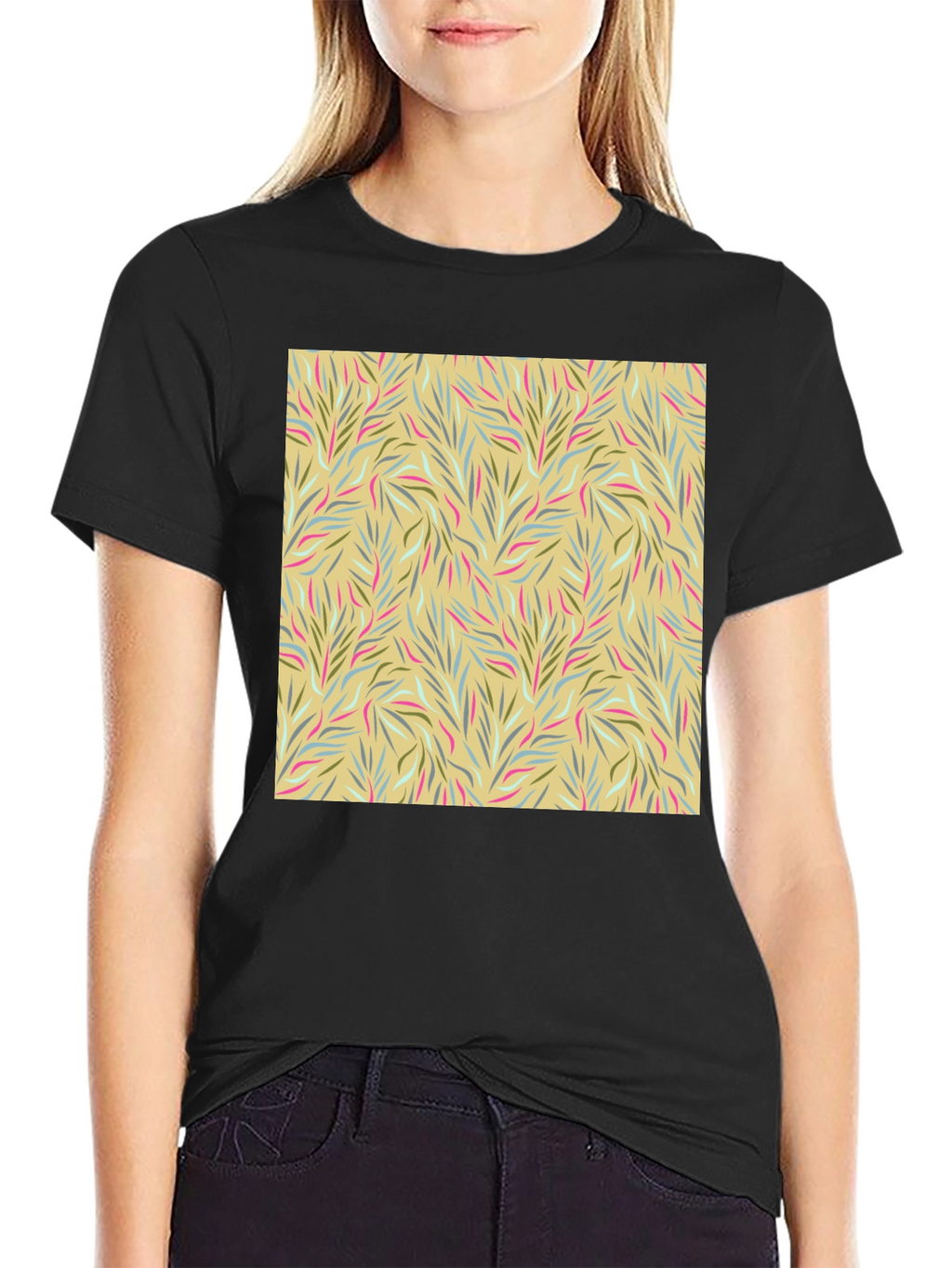 Botanical Pattern Black Crew Neck Tee