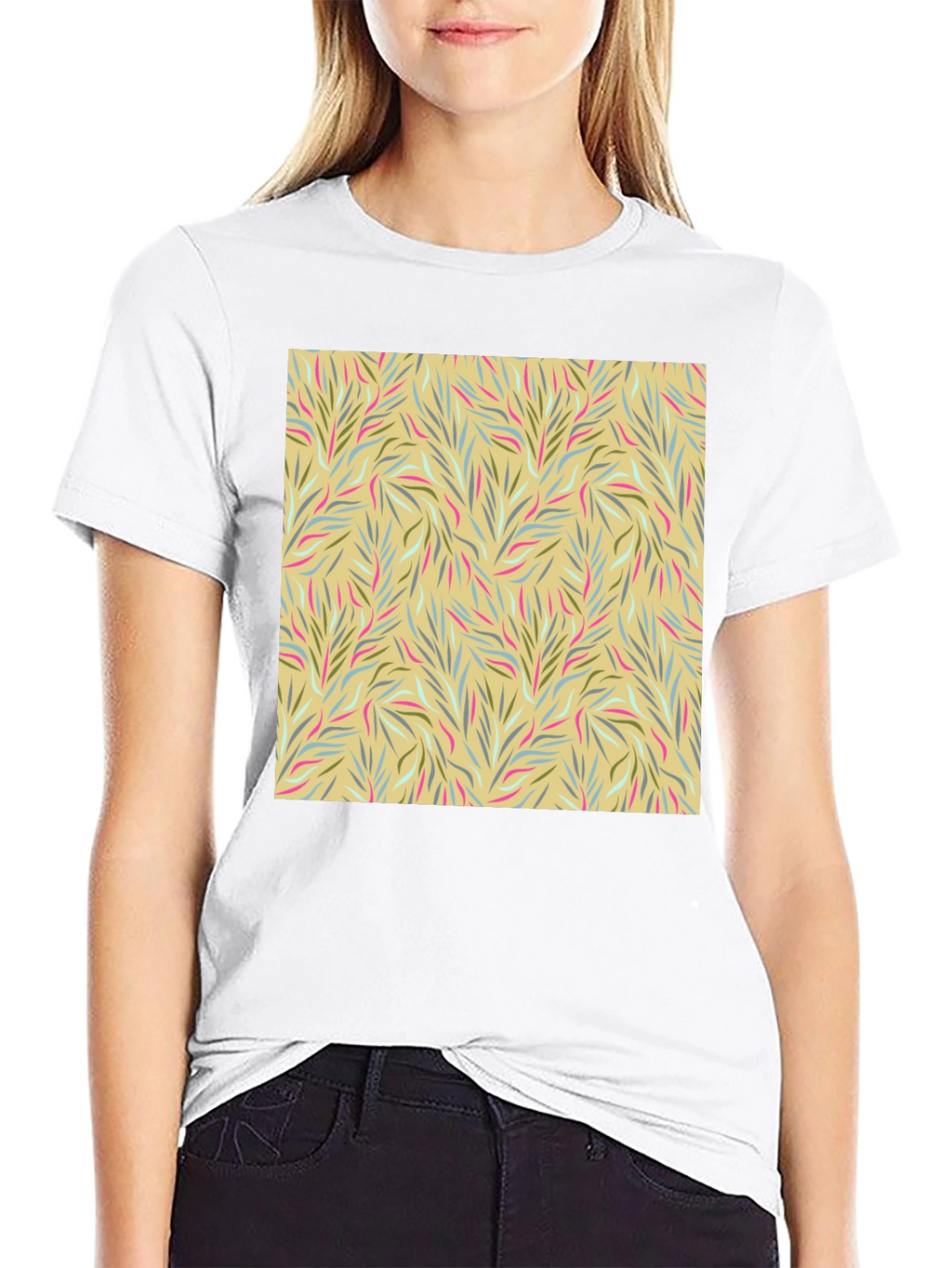 Botanical Pattern Black Crew Neck Tee