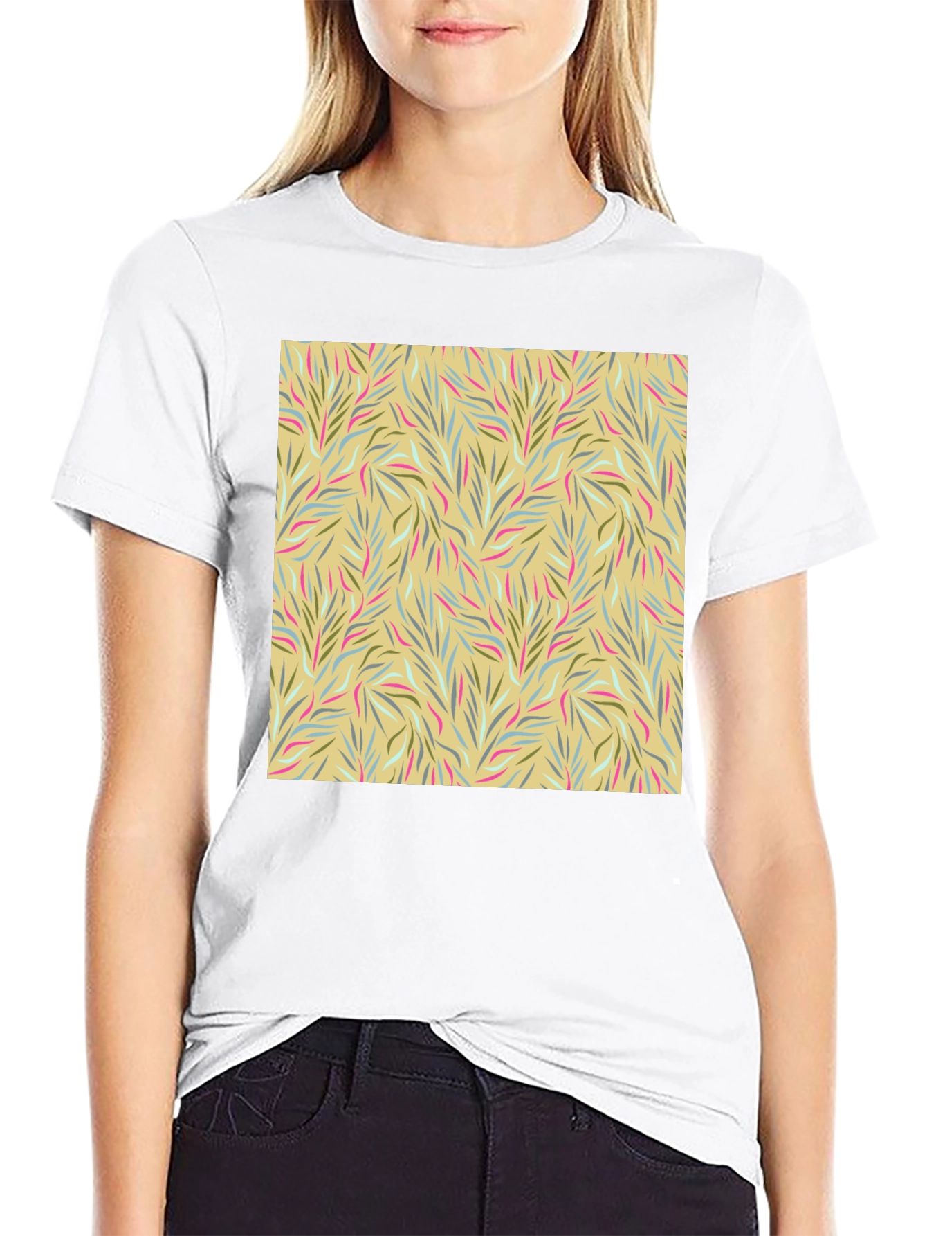 Botanical Pattern Black Crew Neck Tee