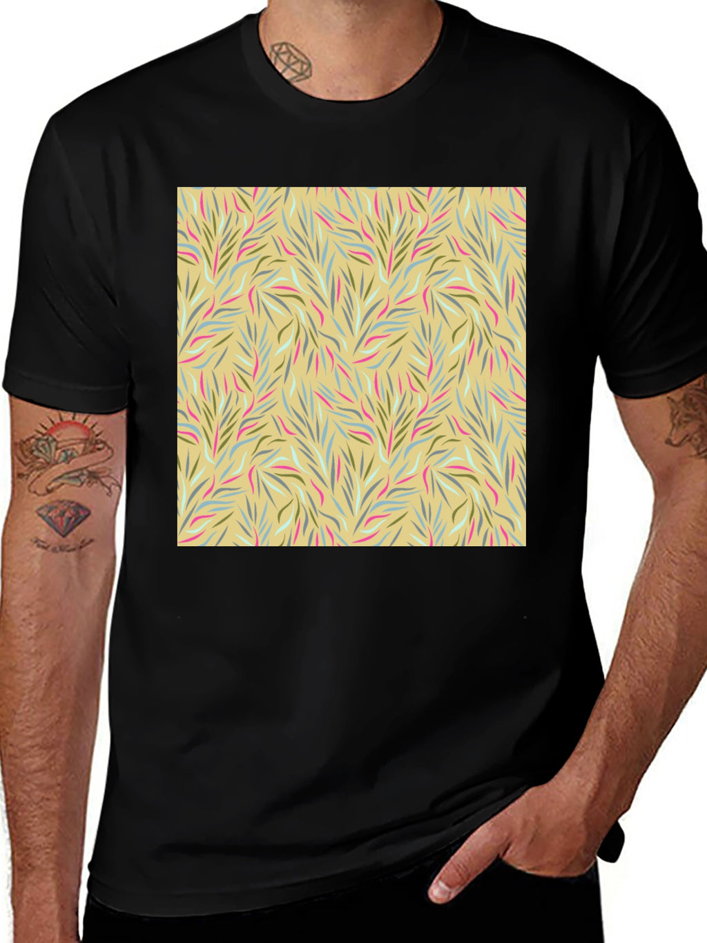 Botanical Pattern Black Crew Neck Tee