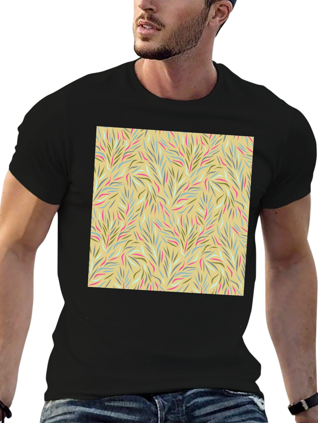 Botanical Pattern Black Crew Neck Tee