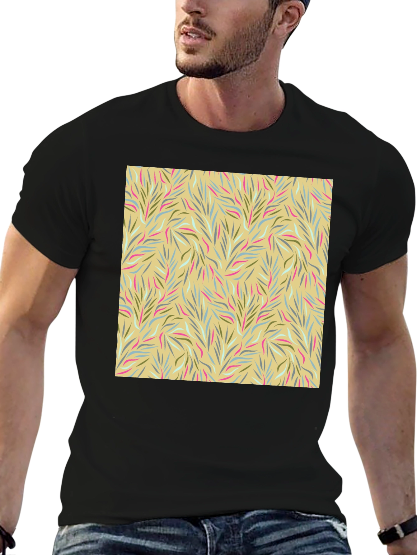 Botanical Pattern Black Crew Neck Tee