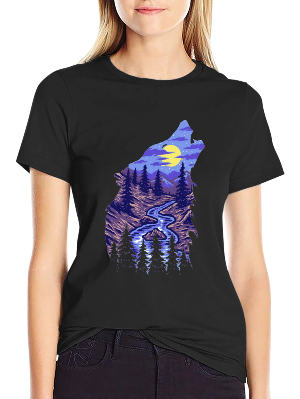 Wolf Silhouette Mountain Stream Graphic Tee