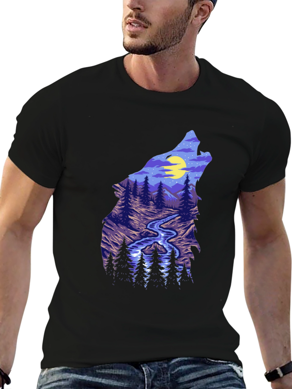 Wolf Silhouette Mountain Stream Graphic Tee