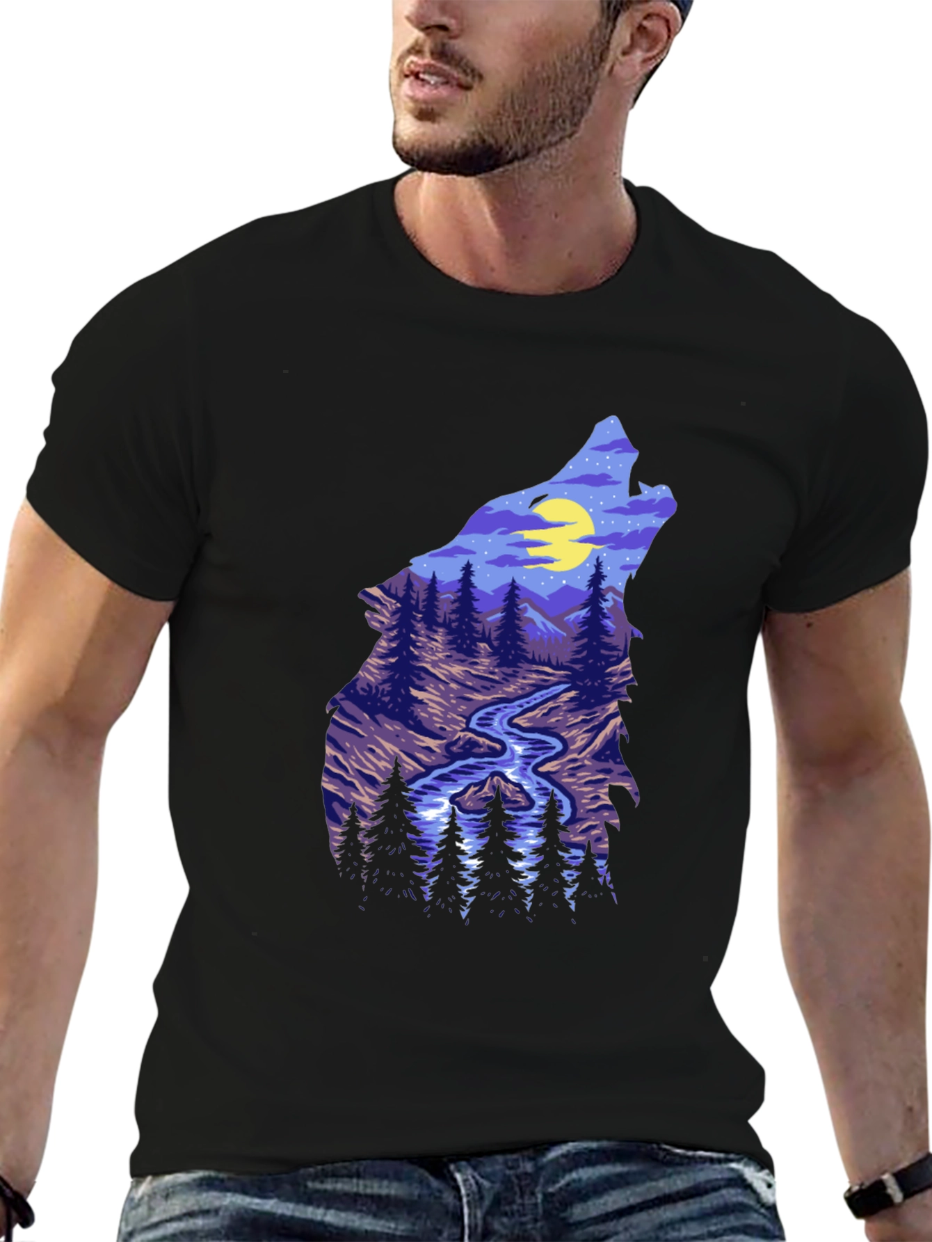Wolf Silhouette Mountain Stream Graphic Tee