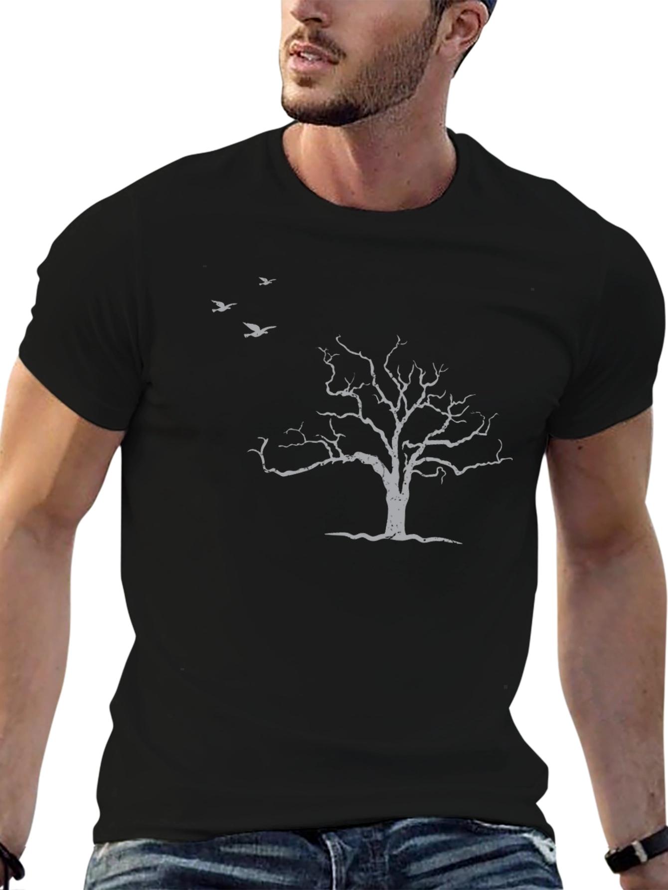 Mens Black T-Shirt with Tree & Birds Design