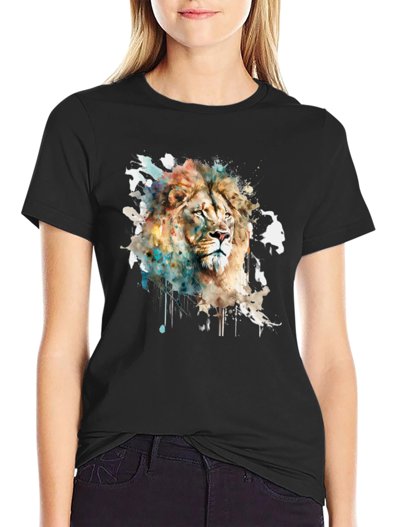 Watercolor Lion Graphic Print Black Tee