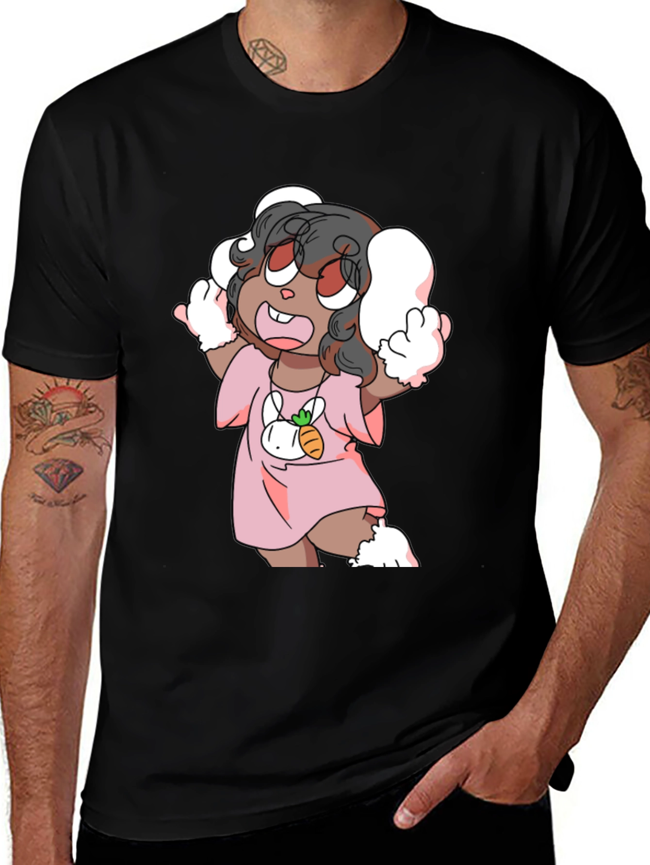 Cartoon Bunny Character Black Tee