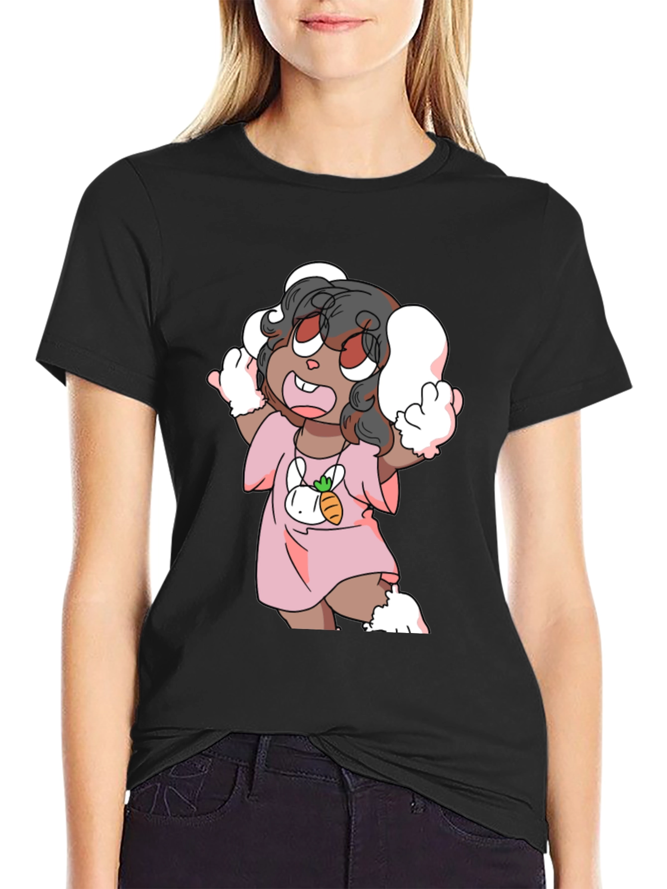 Cartoon Bunny Character Black Tee
